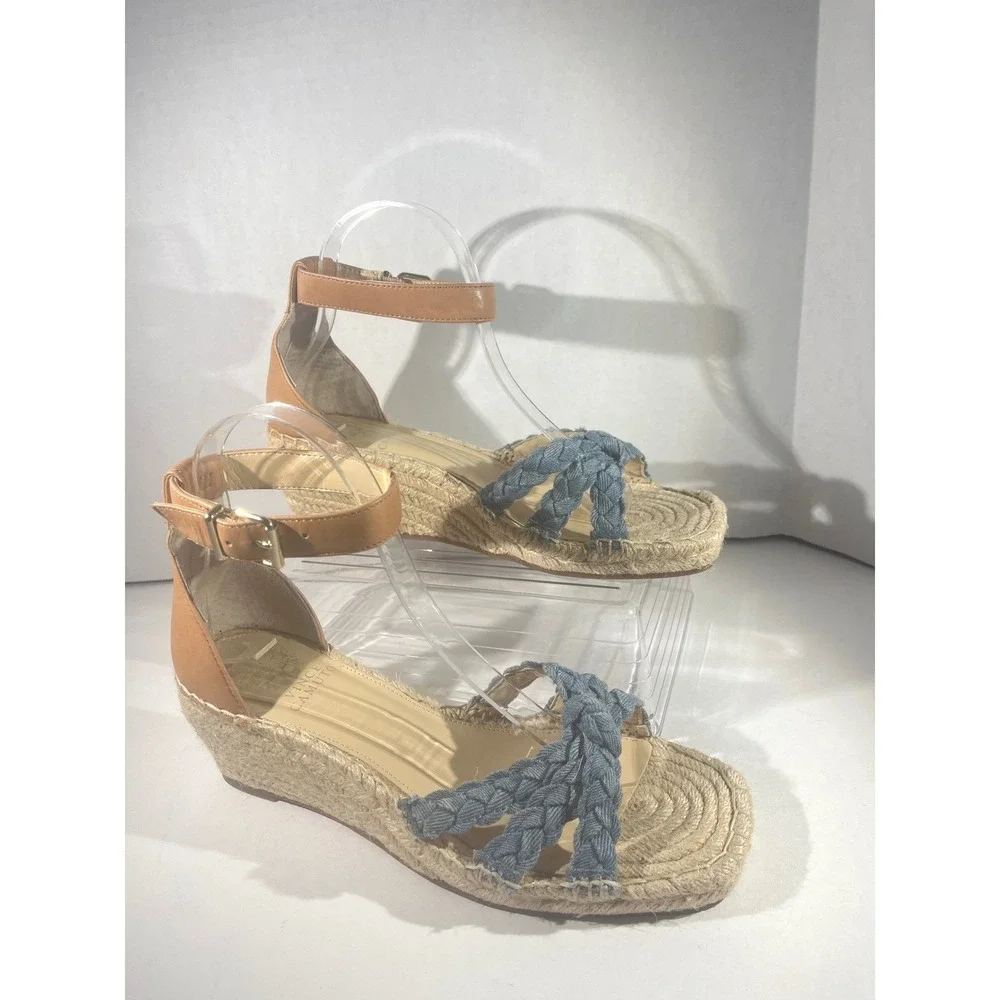 Vince Camuto Jadeya Espadrille Wedge Sandals Blue Denim Braided Tan Leather 9.5M